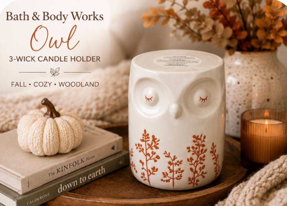 Bath & Body Works White Owl 3 Wick Candle Holder Ceramic Fall Woodland Decor